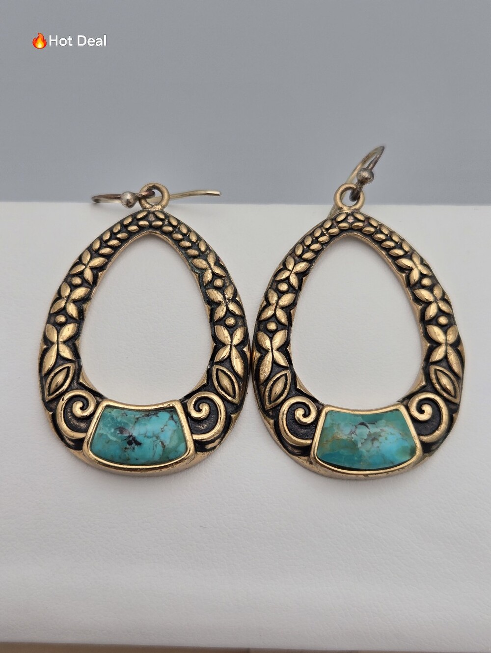 Barse Turquoise Teardrop Earrings Sterling Silver 925 Gold Tone Floral 2"